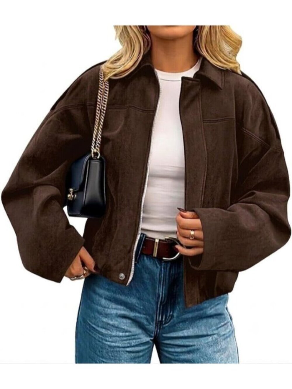 Womens Brown Faux Suede Oversized Cropped Open Front Zipper Trendy Bomber Jacket